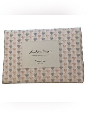 London Kaye Pink & Lavender Hearts Queen Sheet Set New